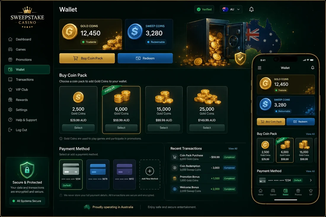 Gold Coin and Sweeps Coin packs showing the sweepstakes casino dual-currency model