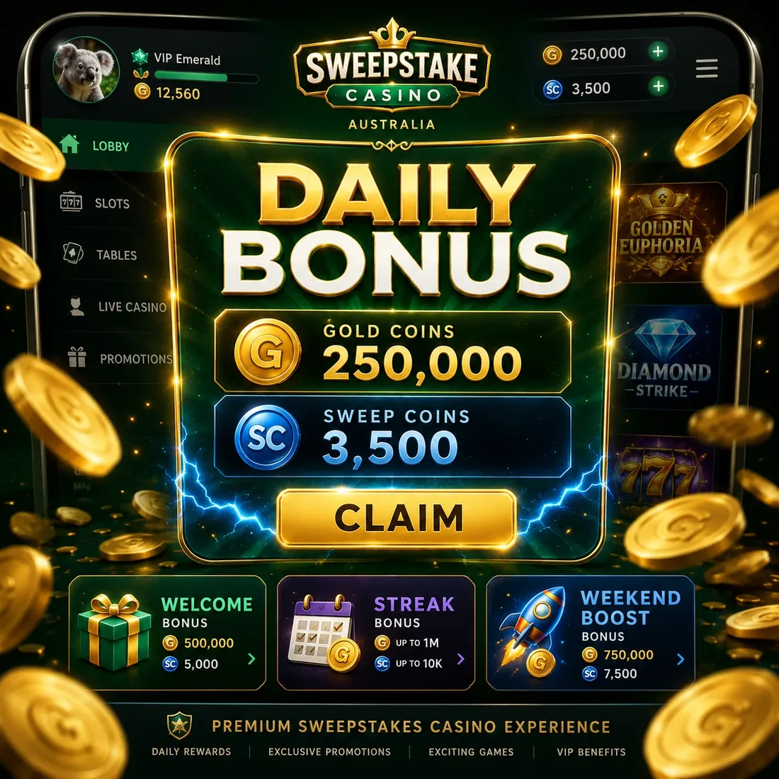 Daily bonus of 250,000 Gold Coins and 3,500 Sweeps Coins at a sweepstakes casino