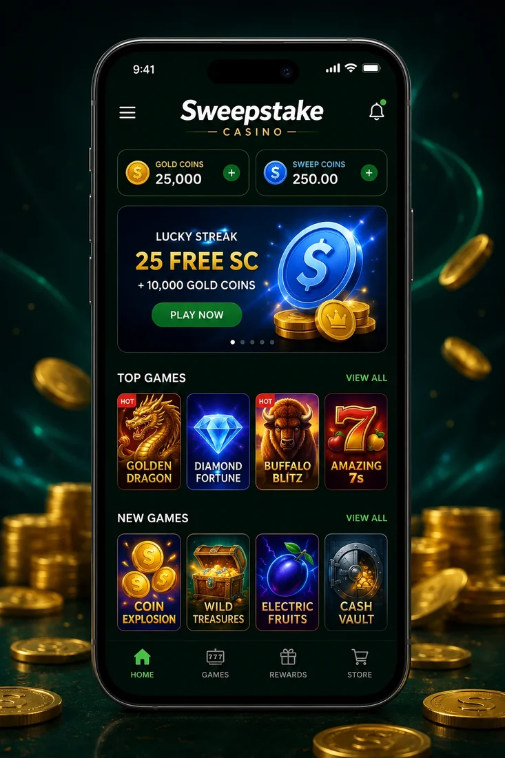 Sweepstakes casino app home screen with a free Sweeps Coins balance on a smartphone