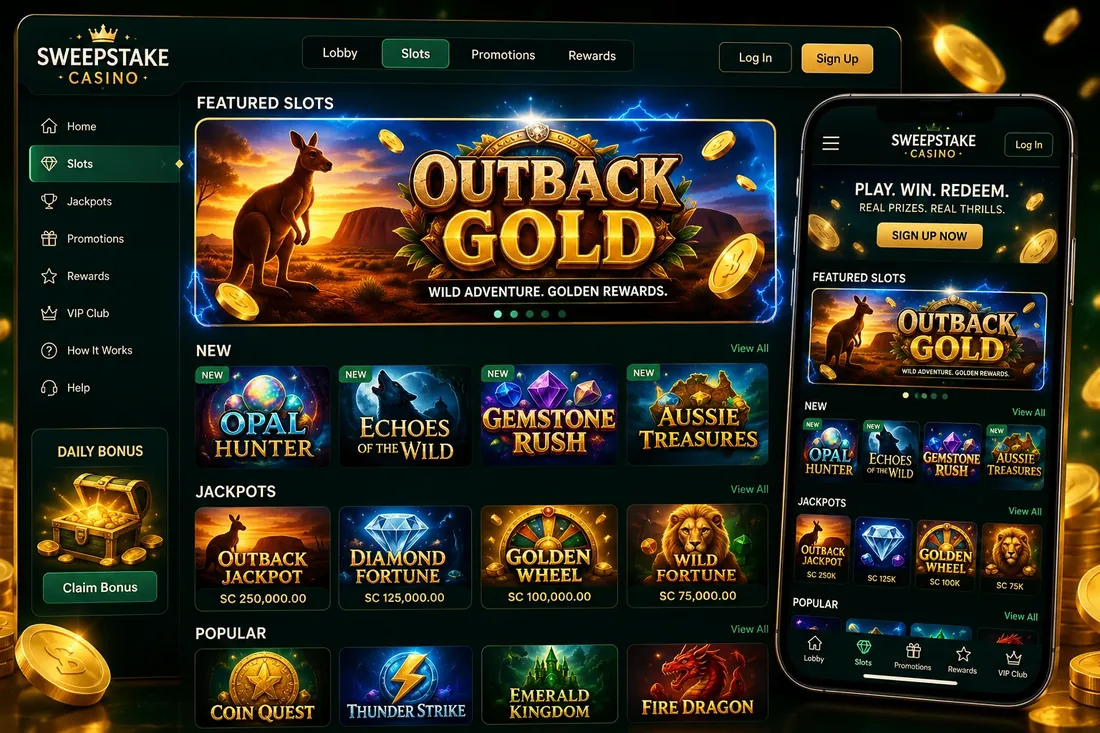Outback Gold pokie in the featured slots row of a sweepstakes casino lobby