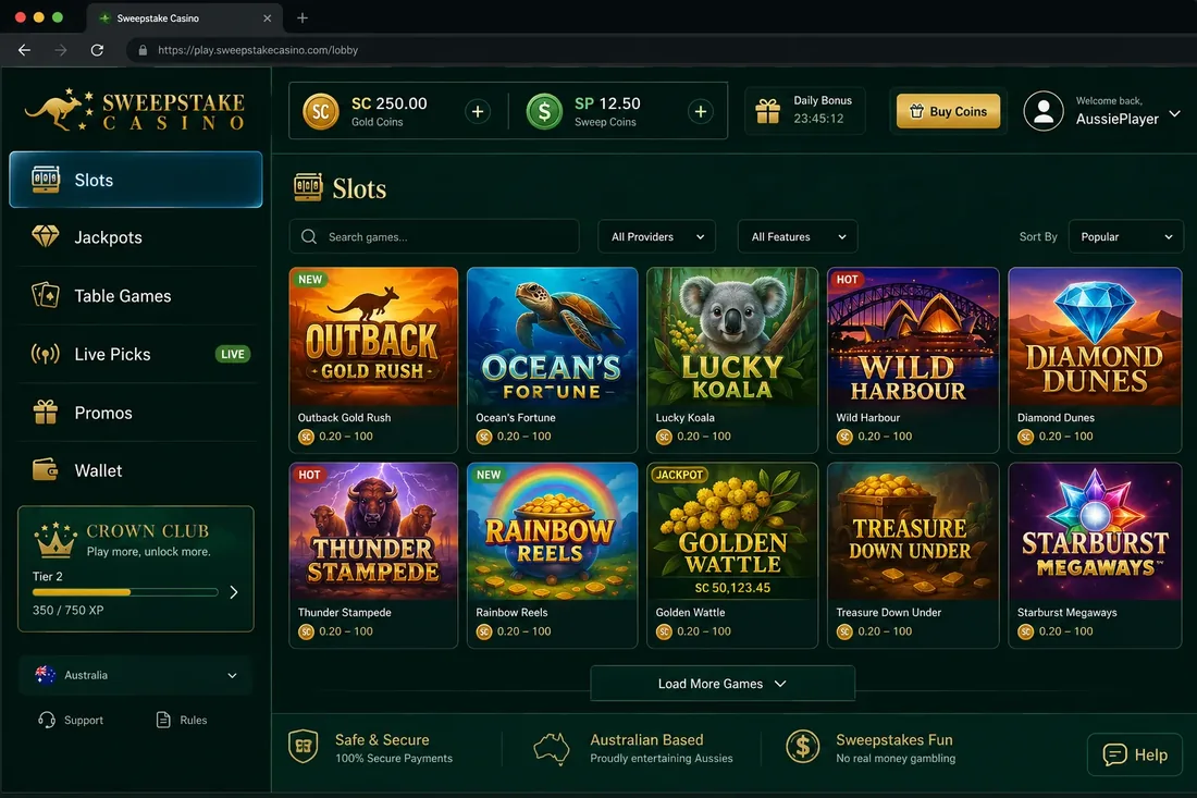 Desktop slots library at an Australian sweepstakes casino with featured pokie tiles