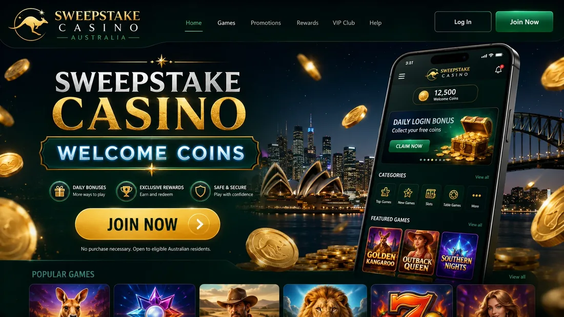 Sweepstakes casino welcome coins offer on mobile with a Sydney Harbour backdrop